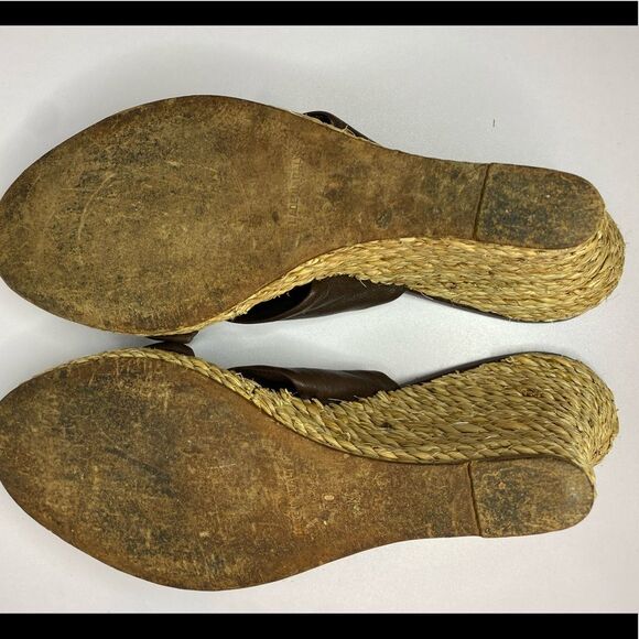 Michael Kors Chocolate Brown Leather Espadrille/Jute Wedge Sandals Size 10 - Picture 6 of 8